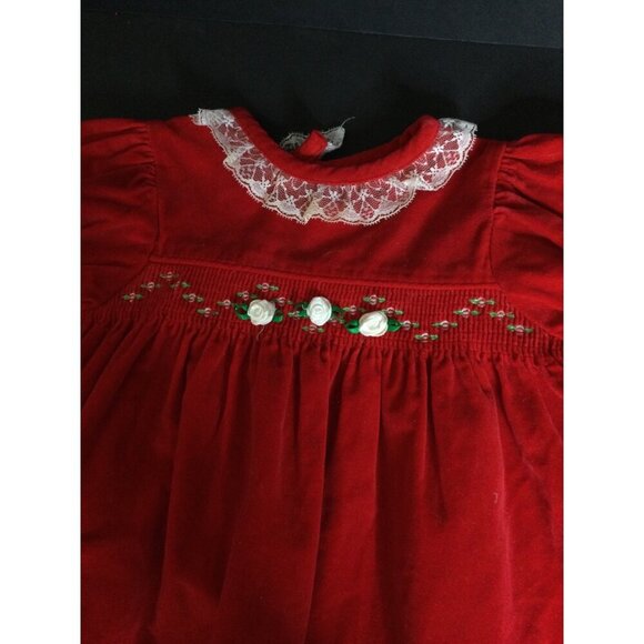 Vintage Baby Girl's Velvet Embroidered Smocked Dress Short Sleeve Red Lace Trim - Picture 4 of 8